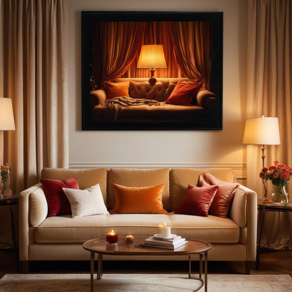 A cozy, dimly-lit room with a plush sofa and a large screen displaying a private, captivating video playing. Soft candlelight flickers around, creating an intimate atmosphere, with a glass of wine on a nearby table. Subtle hints of fantasy elements in the decor, like elegant drapes and whimsical art, enhance the allure. The overall scene exudes warmth and sensuality. super-realistic. vibrant colors. intimate atmosphere.