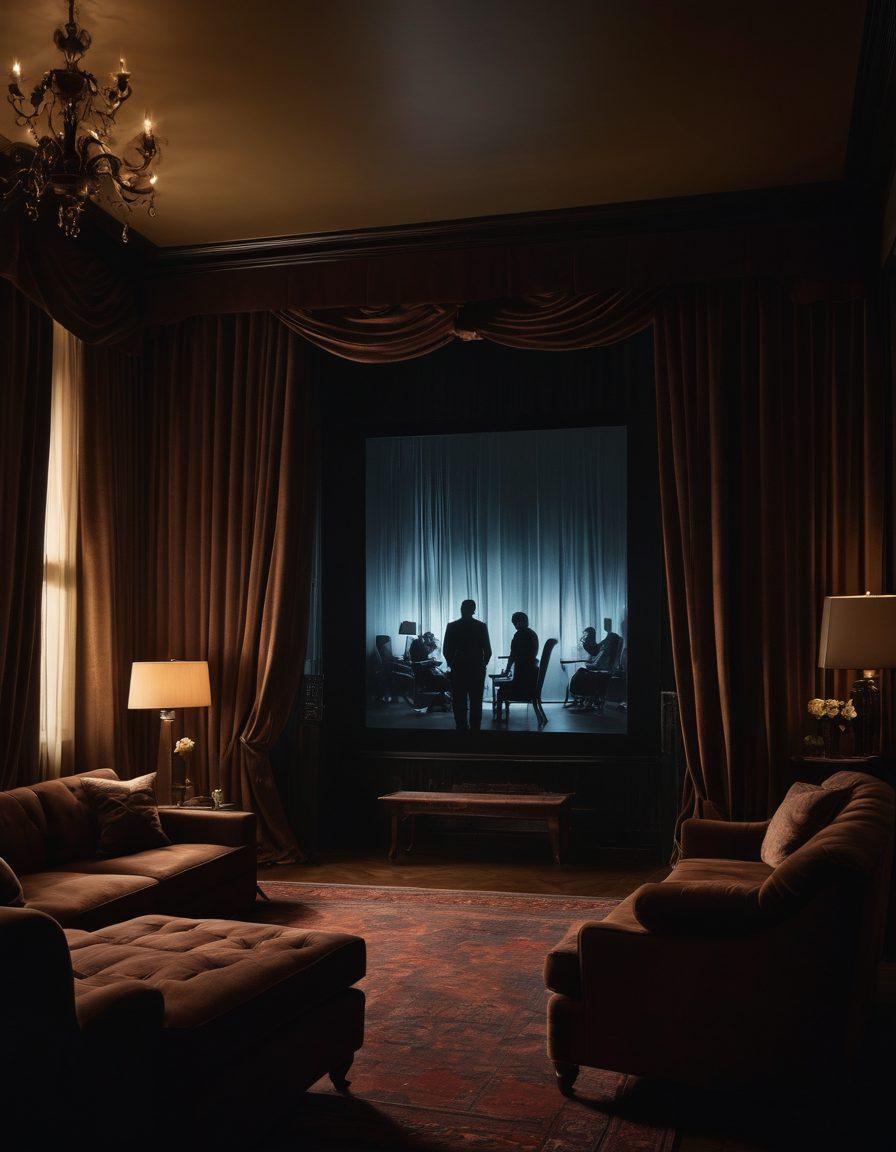 A moody, atmospheric scene depicting a dimly lit room with a large screen displaying abstract shapes hinting at adult films. Silhouettes of diverse figures are gathered around, illustrating curiosity and fascination, with soft shadows enhancing the intrigue. Lush velvet drapes and plush seating add a touch of luxury, while scattered film reels and playful lighting create an intimate vibe. surrealistic. dark color palette. cinematic lighting.