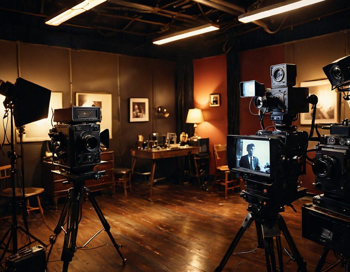 A dimly lit film studio showcasing the evolution of intimate videos, featuring vintage cameras alongside modern filming equipment. Scenes of a director and actors engaging in a thoughtful discussion about intimacy in film, with multiple screens displaying iconic intimate video clips across decades. The atmosphere should evoke nostalgia and innovation, blending old and new. cinematic. warm tones. dramatic lighting.